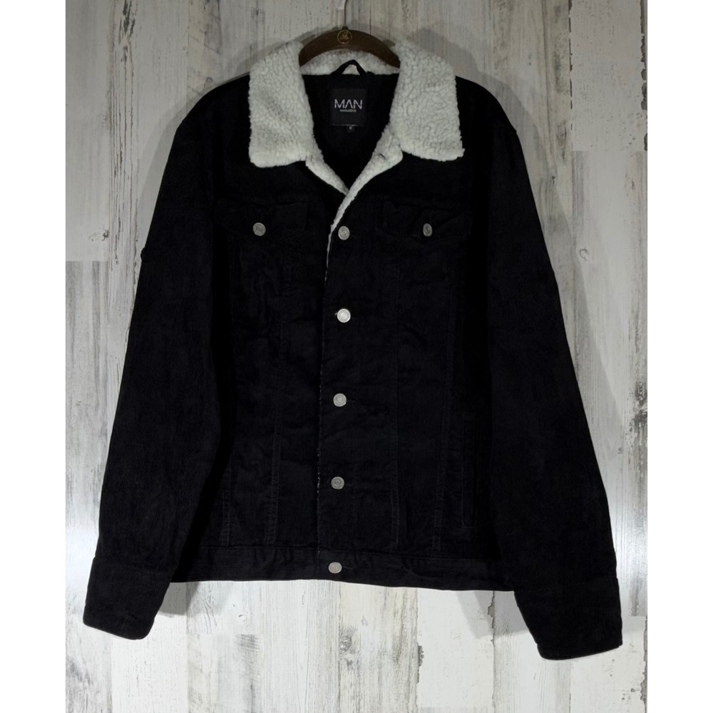 Corduroy Trucker Jacket Black Size Medium Cream Faux Sherpa Trim Outdoors